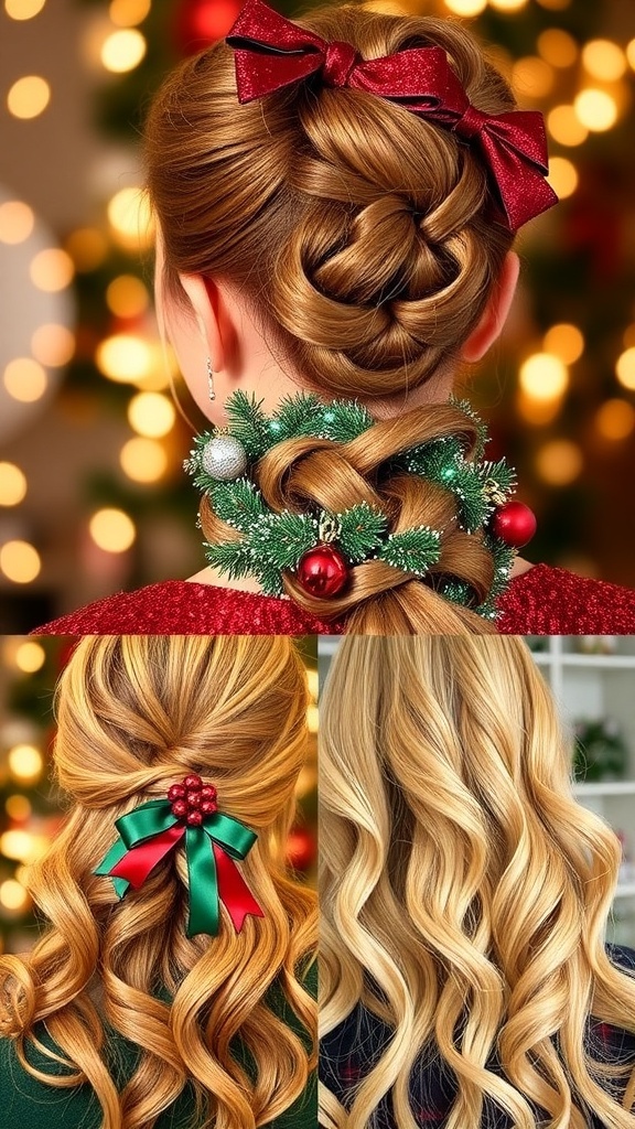 Festive Christmas Hairstyles with Color Festive hairstyles for Christmas including an updo, braided crown, and wavy hair with highlights.
